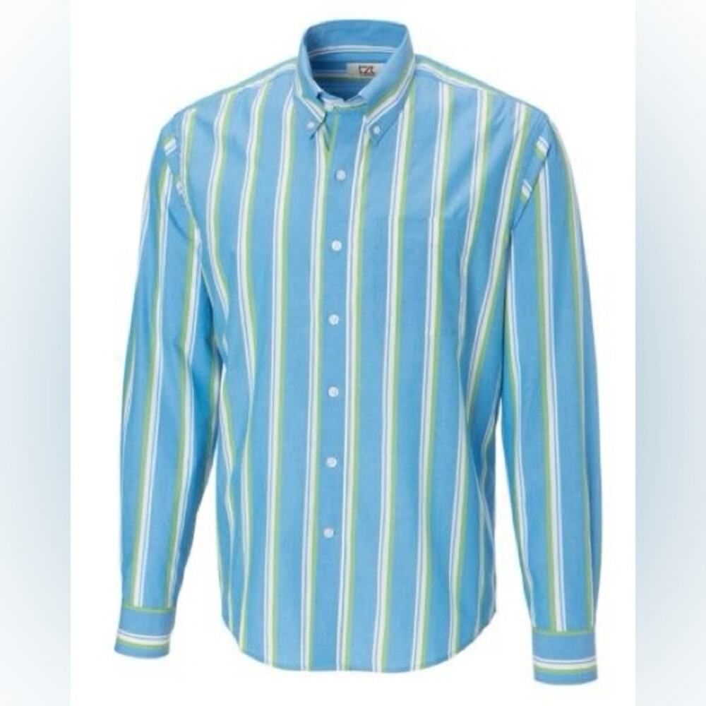 NWT Cutter & Buck Button-Down Shirt Small Blue Green White Stripe 100% Cotton